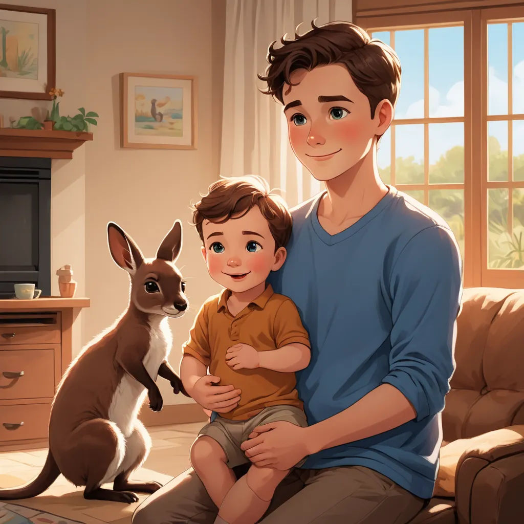 a man holding a child and a kangaroo in a living room with a window and a couch in the background, sots art, a storybook illustration, Diego Gisbert Llorens, storybook illustration