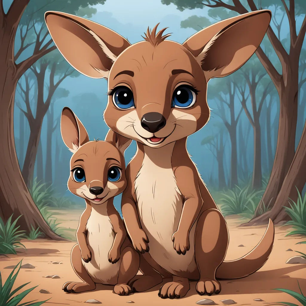 a couple of kangaroos sitting next to each other in a forest with trees and grass behind them,, furry art, a storybook illustration, Don Bluth, cute and funny