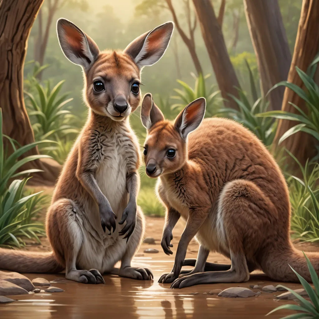 a painting of two kangaroos in a forest setting with a baby kangaroo in the foreground and a larger kangaroo in the background, australian tonalism, a digital painting, Chris LaBrooy, official art