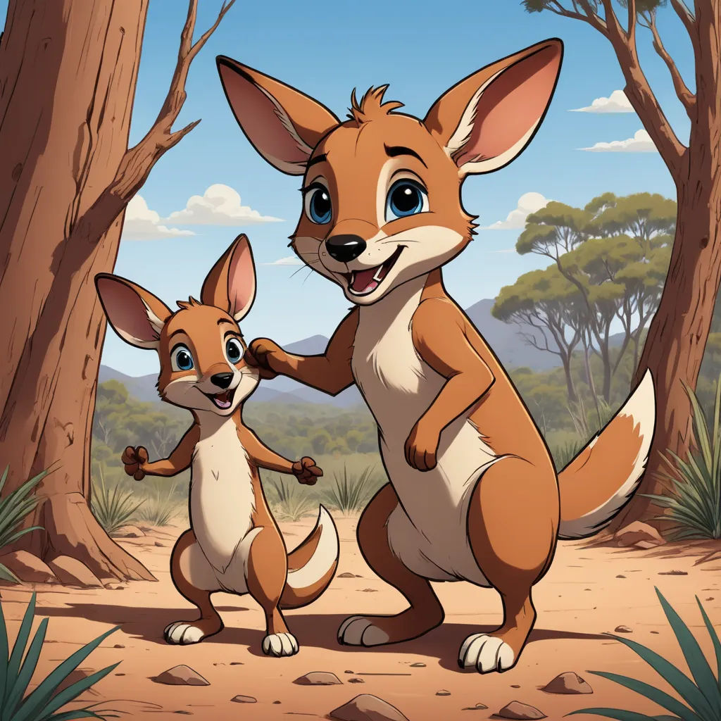 a cartoon kangaroo and a baby kangaroo in a forest with trees and bushes in the background, with a sky background, furry art, concept art, Elizabeth Durack, promotional image