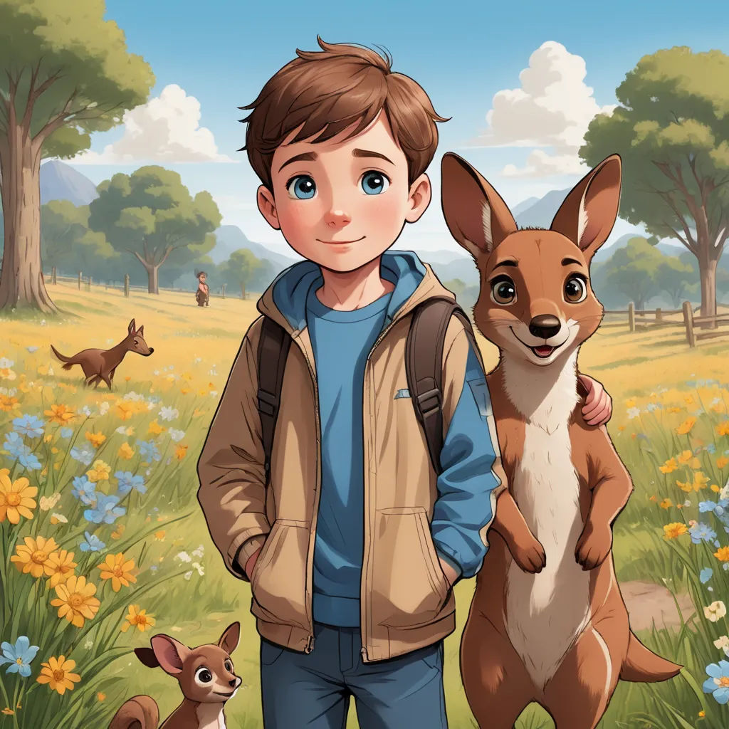a boy standing in a field with two dogs and a dog on his back, with a dog on his arm, furry art, a storybook illustration, Diego Gisbert Llorens, key art