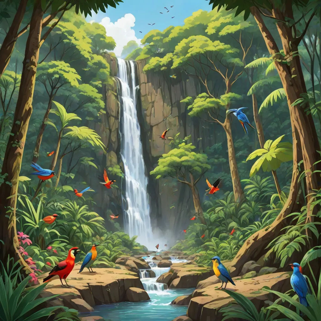a painting of birds flying over a waterfall in the jungle with a waterfall in the background and a waterfall in the foreground, fantasy art, a detailed matte painting, Chris LaBrooy, jungle