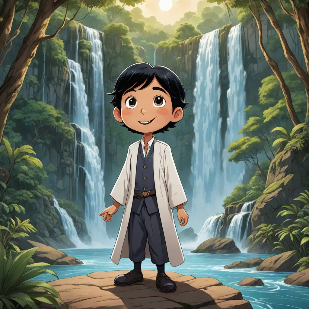 a boy standing on a rock in front of a waterfall with a waterfall in the background and a sun in the sky, lyco art, a character portrait, Diego Gisbert Llorens, official art