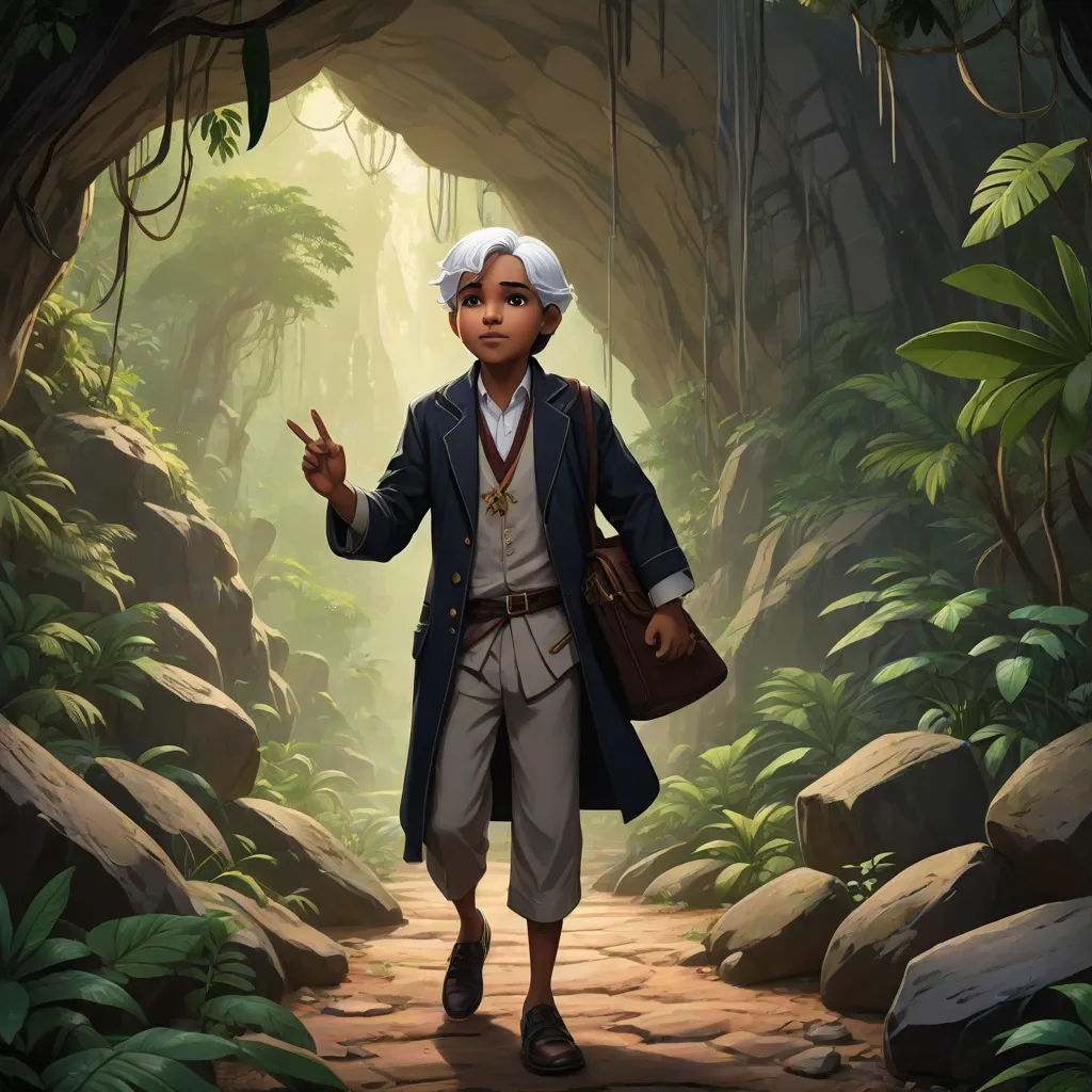 a painting of a boy in a forest with a bag and a suitcase in his hand and a rock pathway leading to him, fantasy art, a character portrait, Cliff Childs, official art