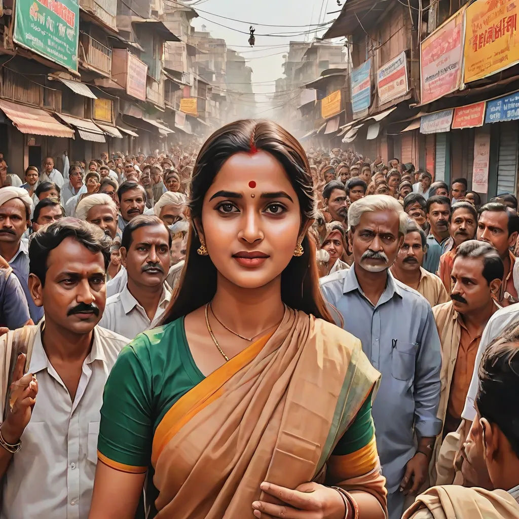 a woman in a sari standing in front of a crowd of people in a street with a man in the background, samikshavad, a detailed matte painting, Ella Guru, movie still frame