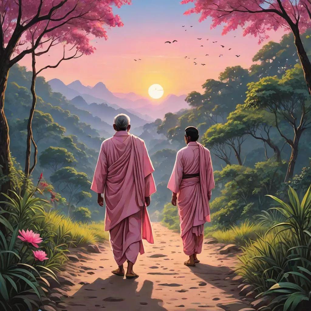 two men walking down a path towards a pink sunset with trees and flowers in the background and a pink sky, fantasy art, a detailed matte painting, Brothers Hildebrandt, vaporwave