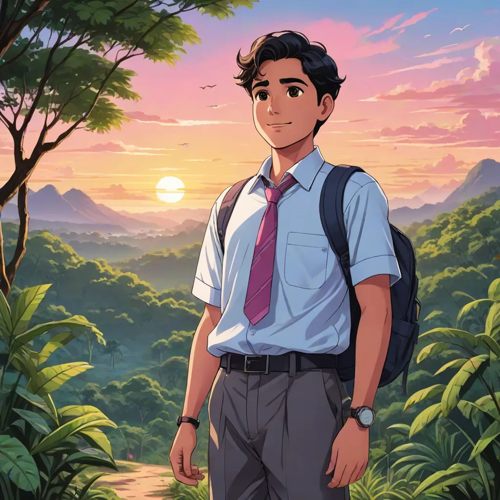 a man in a tie standing in front of a sunset with a forest and mountains in the background and a trail leading to the right, serial art, a character portrait, Adam Manyoki, official art