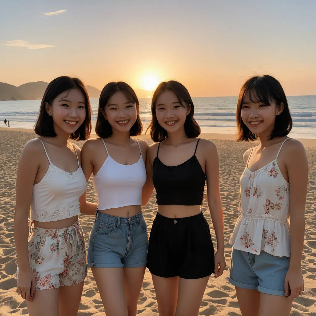 three girls standing on a beach at sunset with the sun setting behind them and the ocean in the background, dau-al-set, a stock photo, Cui Bai, sunset