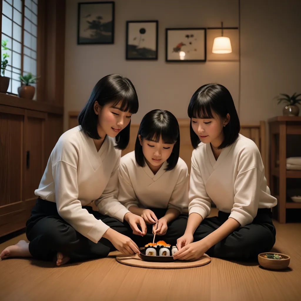 three women sitting on the floor playing with a toy house and a plate of food in front of them, les automatistes, a stock photo, Ai-Mitsu, promotional image