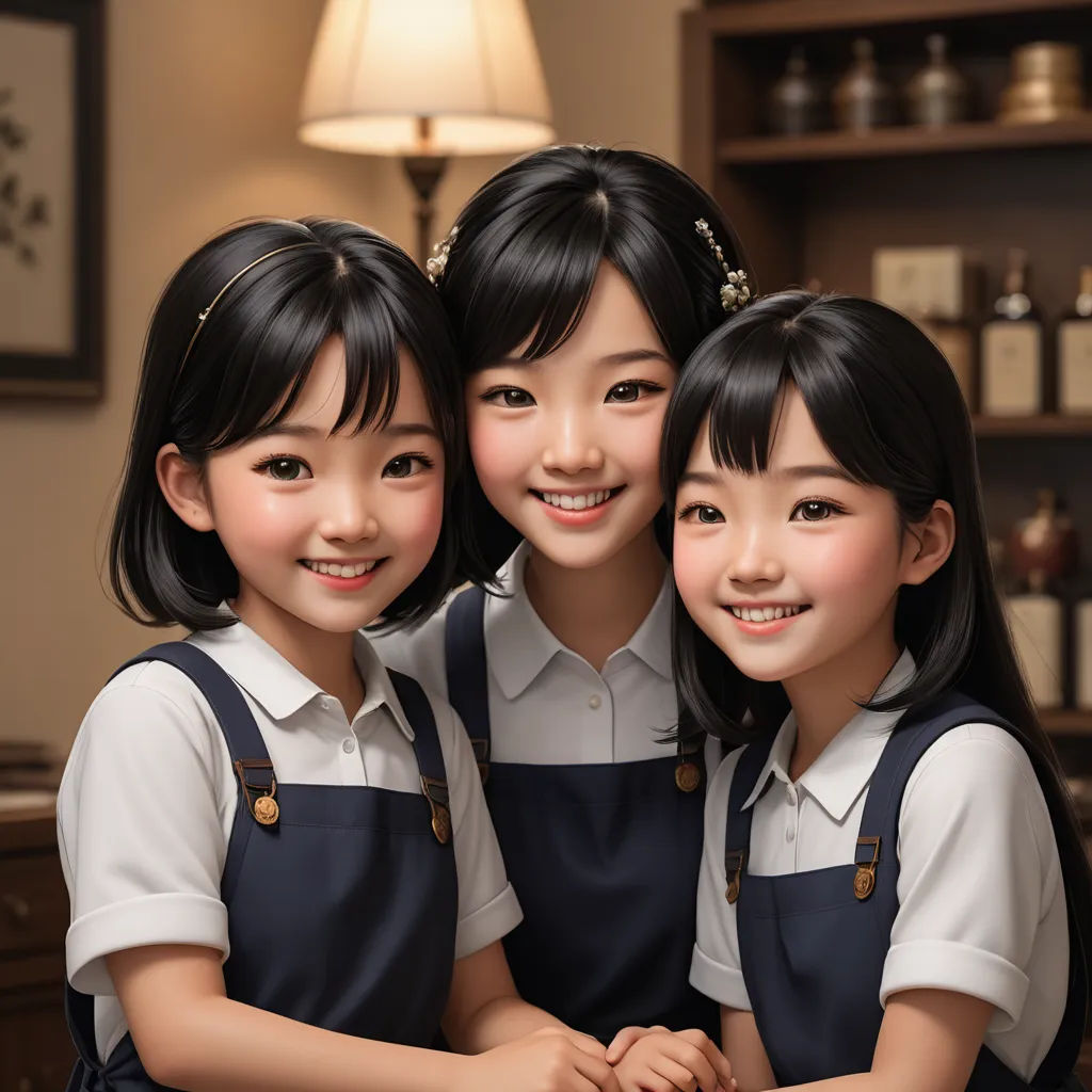 three asian girls are posing for a picture together in a room with a lamp on the wall and a lamp shade on the floor, photorealism, a photorealistic painting, Choi Buk, cgstudio