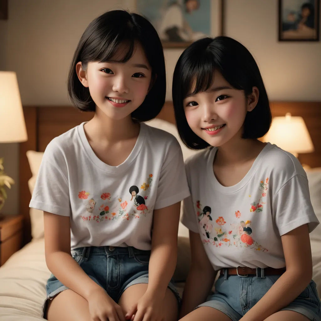 two girls sitting on a bed smiling for the camera with their hands on their hipss and their legs crossed, dau-al-set, a photocopy, Choi Buk, sakimichan