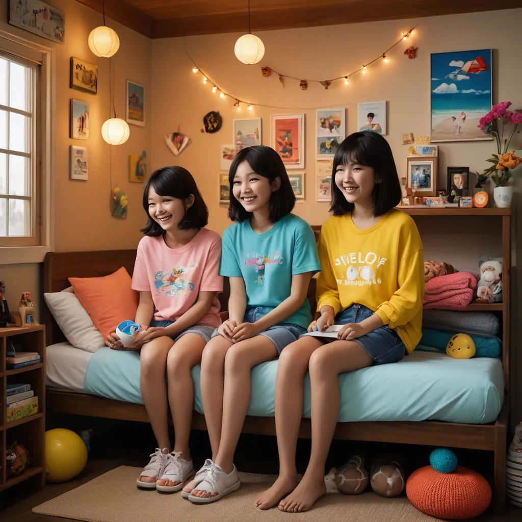 three girls sitting on a bed in a room with a string of lights above them and a window behind them, neogeo, a 3D render, Beeple, global illumination