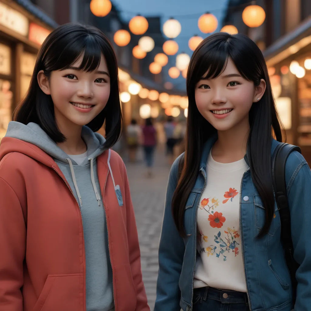 two asian girls standing next to each other in a street at night time with lights hanging overhead and a woman in a blue jacket smiling, photorealism, a 3D render, Ai-Mitsu, ultra realistic faces