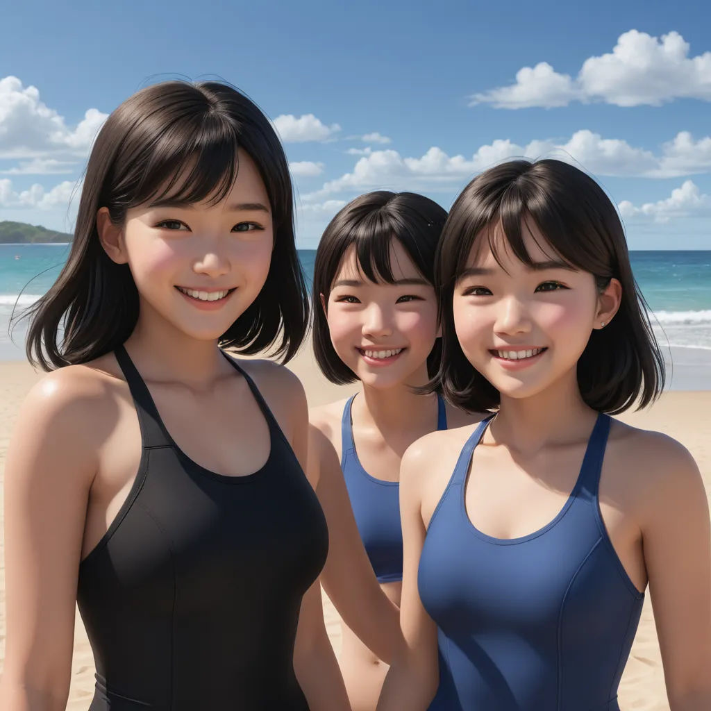 three asian women standing on a beach in bathing suits and smiling at the camera with a blue sky and white clouds in the background, rayonism, a computer rendering, Ai-Mitsu, ultra realistic faces