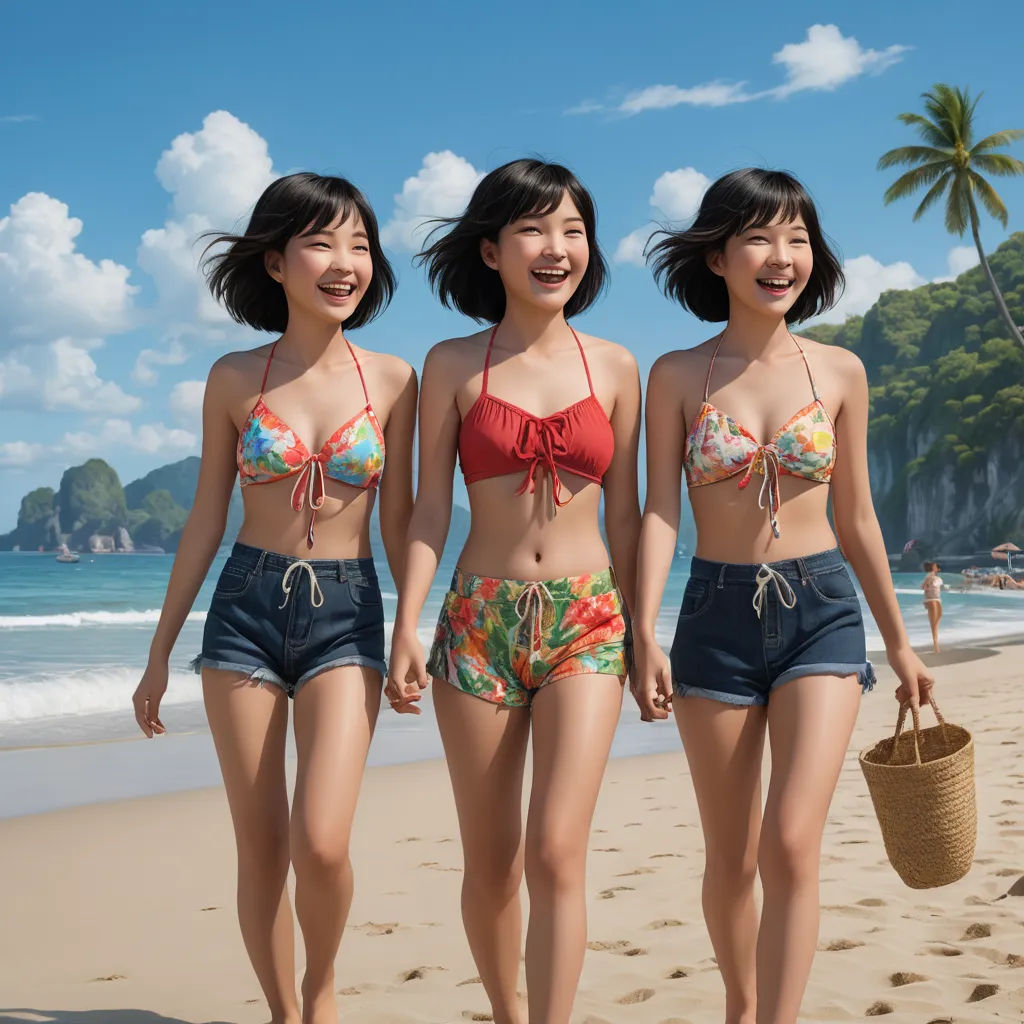 three young women walking on a beach with a basket in hand and a blue sky with clouds in the background, photorealism, a hyperrealistic painting, Cui Bai, cgstudio