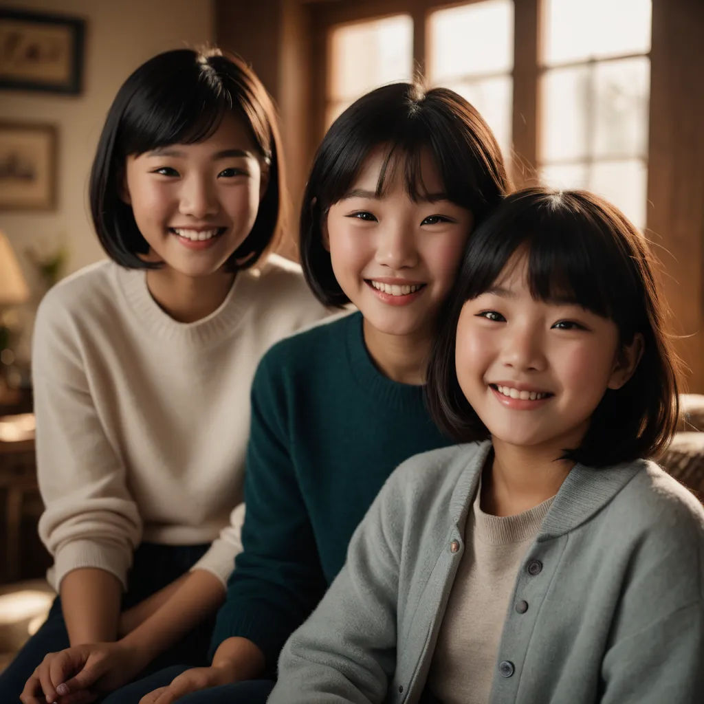 three girls are sitting on a couch smiling for the camera while the girl is sitting on the couch smiling, purism, a photocopy, Choi Buk, canon eos r 3
