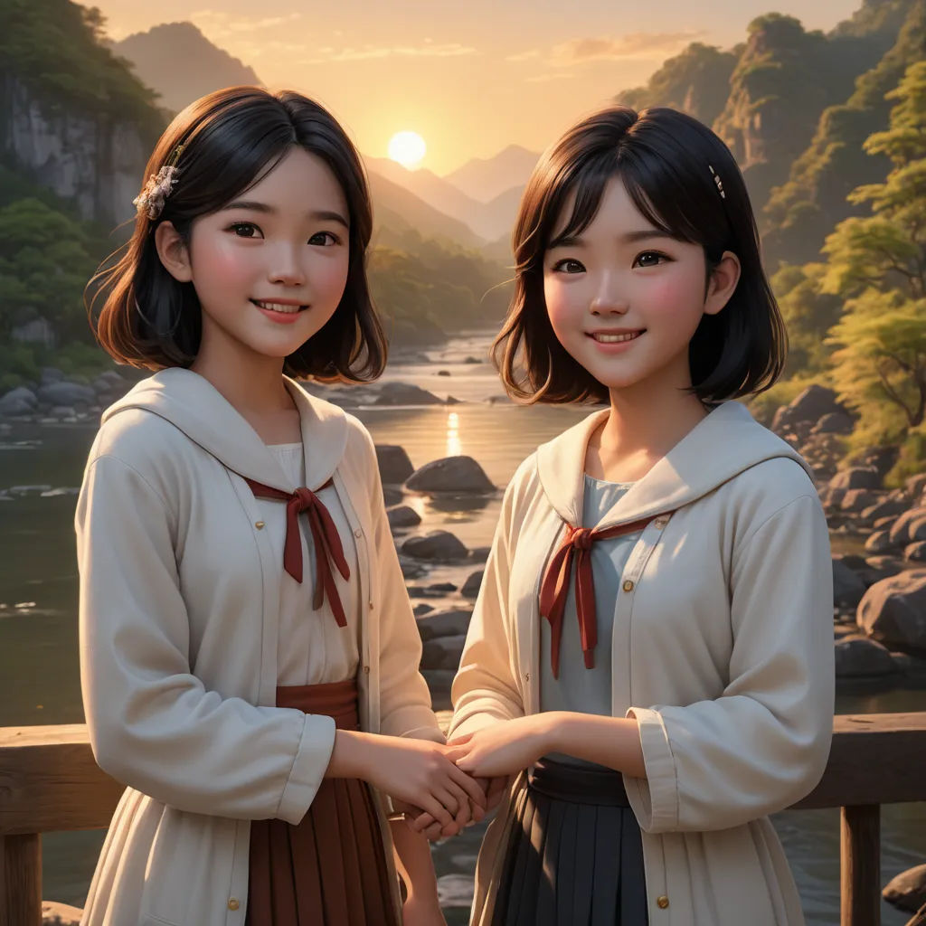 two asian girls standing next to each other near a river at sunset with mountains in the background and a river running through the valley, photorealism, a photorealistic painting, Evgeny Lushpin, cgstudio