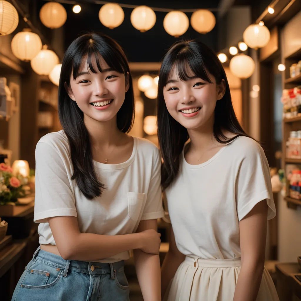 two asian women standing next to each other in a store smiling for the camera with their arms crossed and their arms crossed, rayonism, a stock photo, An Gyeon, 8 5 mm f 1. 8