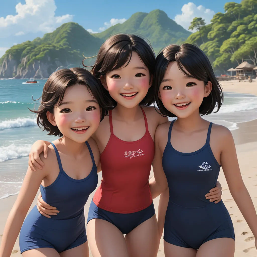 three asian girls in bathing suits on the beach posing for a picture together with the ocean in the background, photorealism, a photorealistic painting, disney, cgstudio