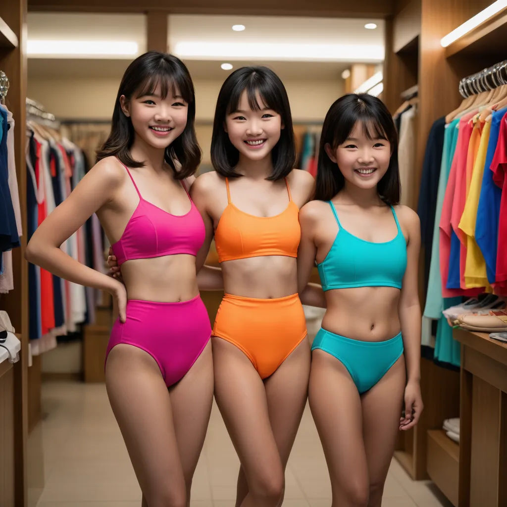 three women in bikinis standing in a closet with clothes on racks and a rack of shirts on the wall, synchromism, a stock photo, Cui Bai, triadic color scheme