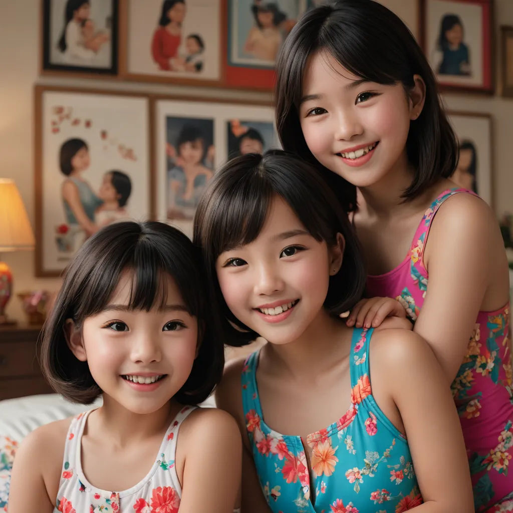 two girls are sitting on a bed with their arms around each other and smiling at the camera, with a picture of them behind them, rayonism, a jigsaw puzzle, Chen Jiru, sakimichan