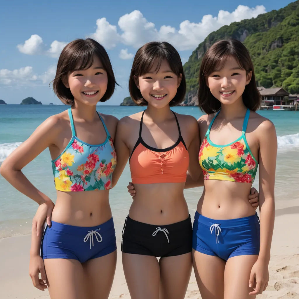 three girls standing on the beach in bikinis and one is wearing a bikini top and the other is wearing a bikini top, synchromism, a jigsaw puzzle, Ai-Mitsu, sakimichan