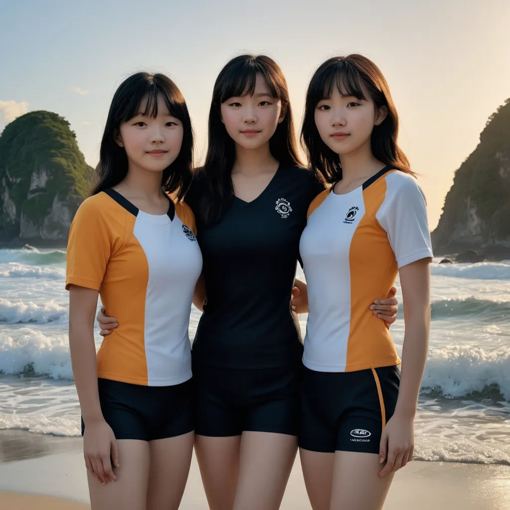 three asian women standing on the beach in front of the ocean and mountains, posing for a picture together, dau-al-set, a stock photo, Du Qiong, overwatch