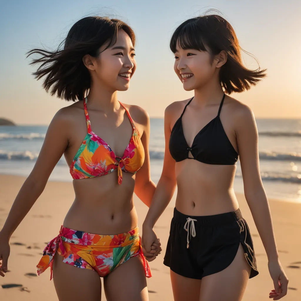 two women in bikinis walking on the beach at sunset, one holding the hand of the other's hand, rayonism, a stock photo, Fan Qi, beach