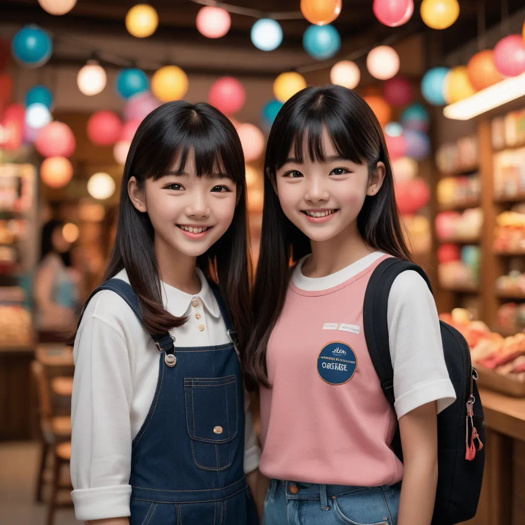two young girls standing next to each other in a store with lights hanging above them and a counter with donuts on it, aestheticism, a stock photo, Chen Lu, young