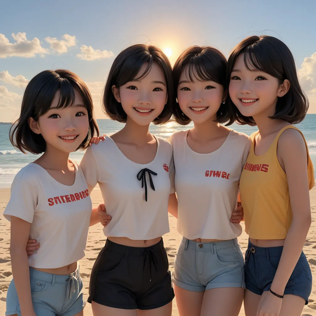 three girls standing on the beach with their arms around each other and smiling at the camera, with the sun behind them, aestheticism, a stock photo, Fan Qi, real life skin