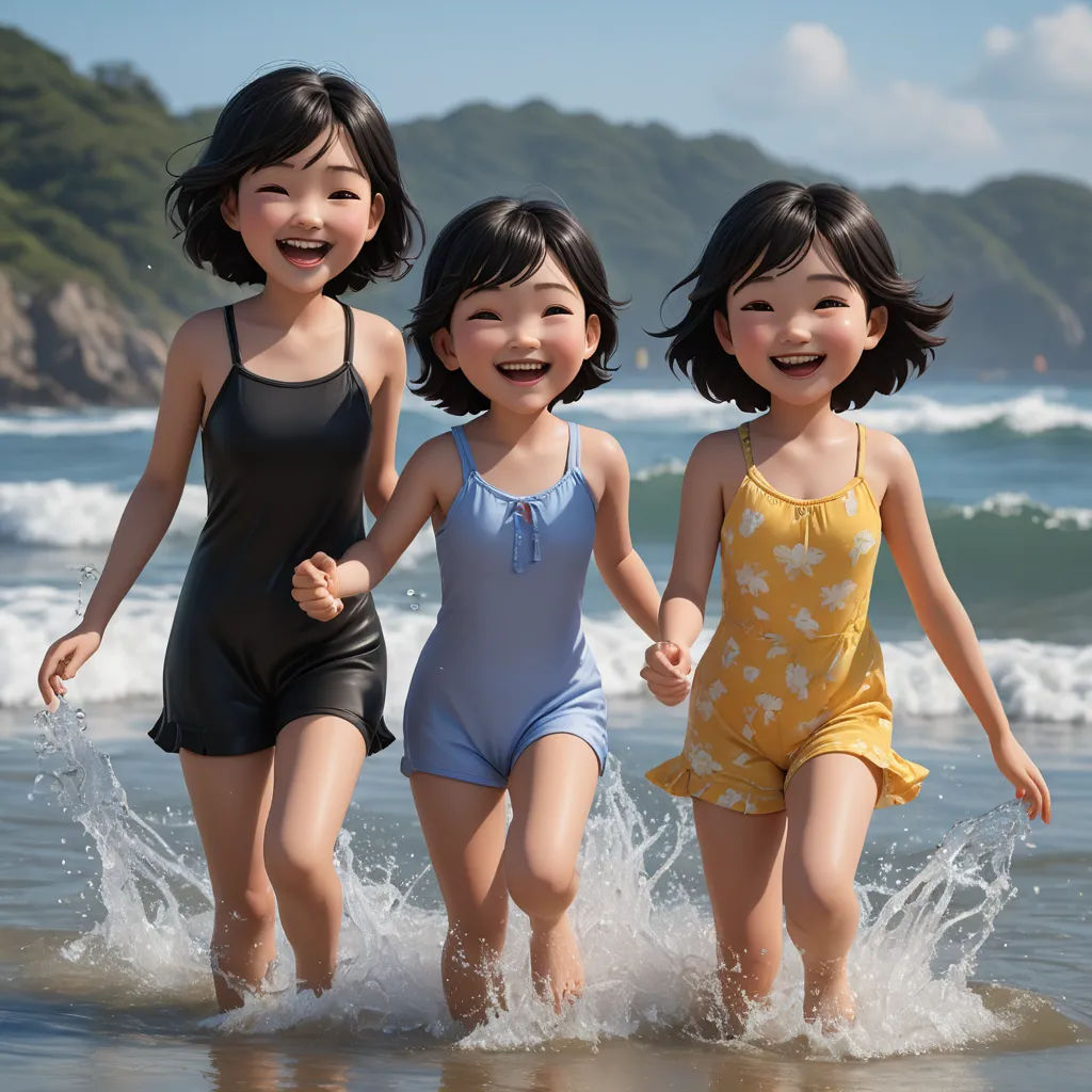 three girls are running in the water on the beach together, with a mountain in the background and a blue sky, photorealism, a poster, disney, cgstudio