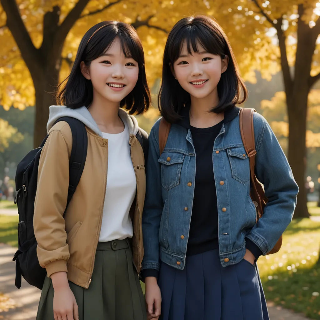 two young women standing next to each other in a park with trees in the background and a path lined with leaves, aestheticism, a stock photo, Cui Bai, young