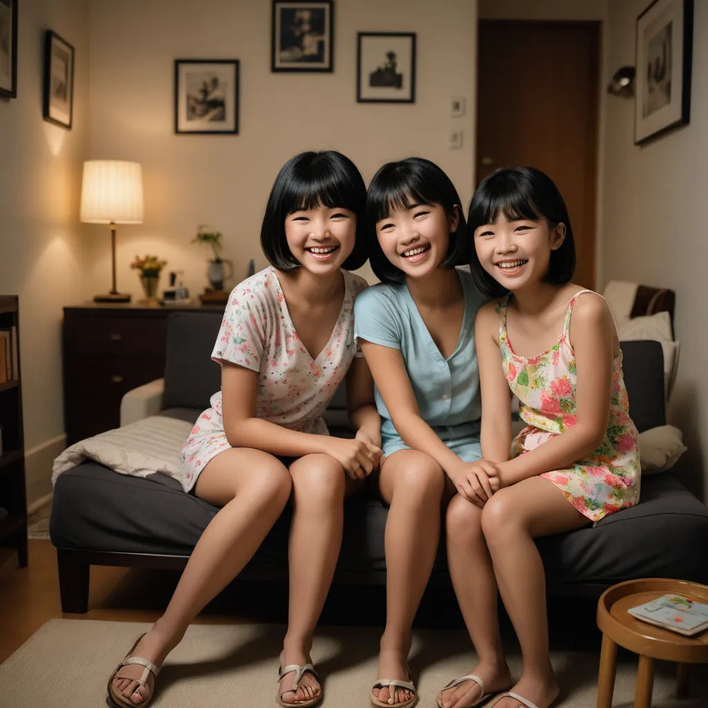 three girls sitting on a couch smiling for the camera with a lamp on the side table in the background, dau-al-set, a jigsaw puzzle, Cui Bai, promotional image