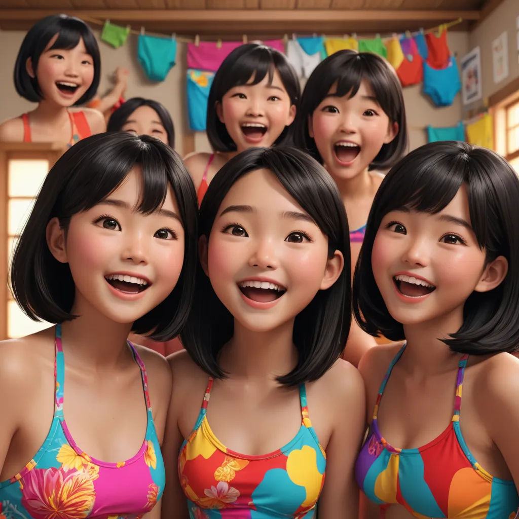 a group of asian women in bathing suits smiling and laughing together in a bathroom with a window behind them, photorealism, a detailed drawing, disney, cgstudio