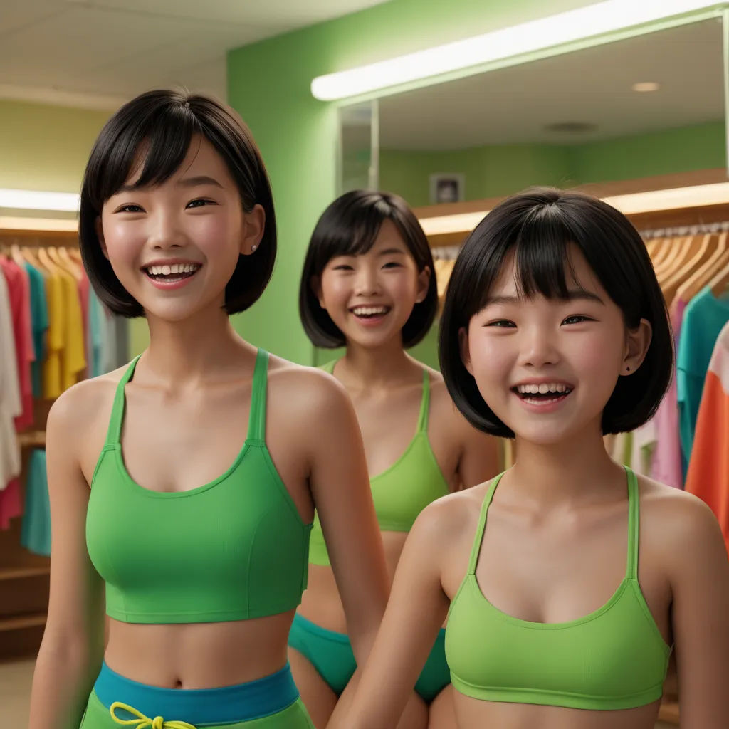 three asian women in green bras in a clothing store smiling at the camera with a rack of shirts in the background, net art, a computer rendering, Choi Buk, promotional image