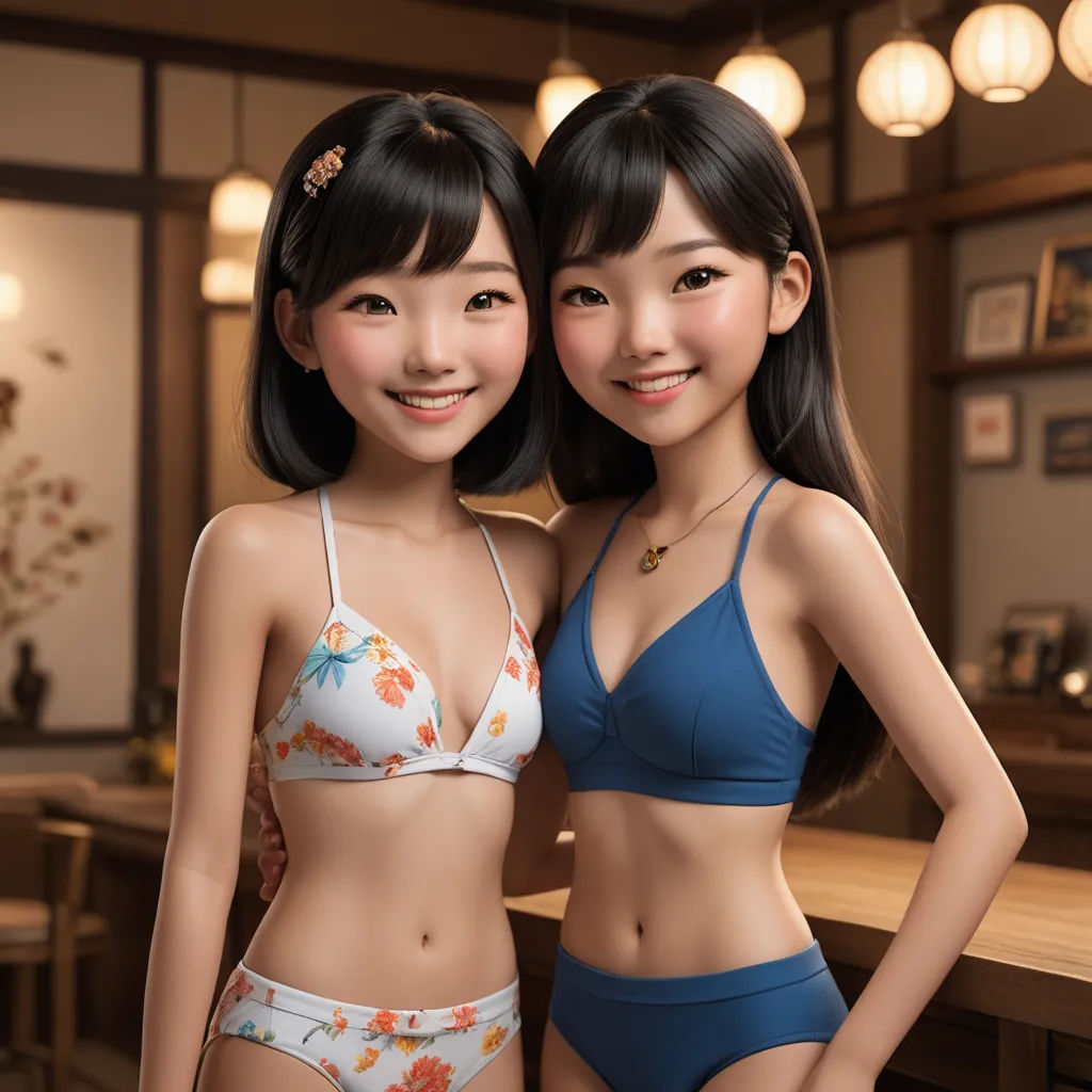 two asian women in bikinis posing for a picture together in a restaurant or bar area with a bar in the background, photorealism, a 3D render, Chen Hong, cgstudio