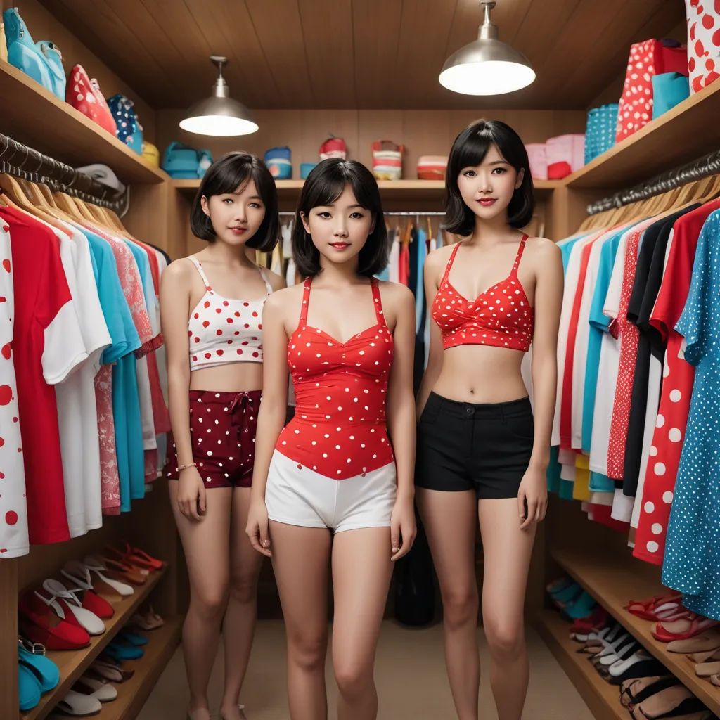 three women in a closet with clothes and shoes on shelves and a rack of shirts and shorts on the floor, synchromism, a jigsaw puzzle, Chen Jiru, sakimichan