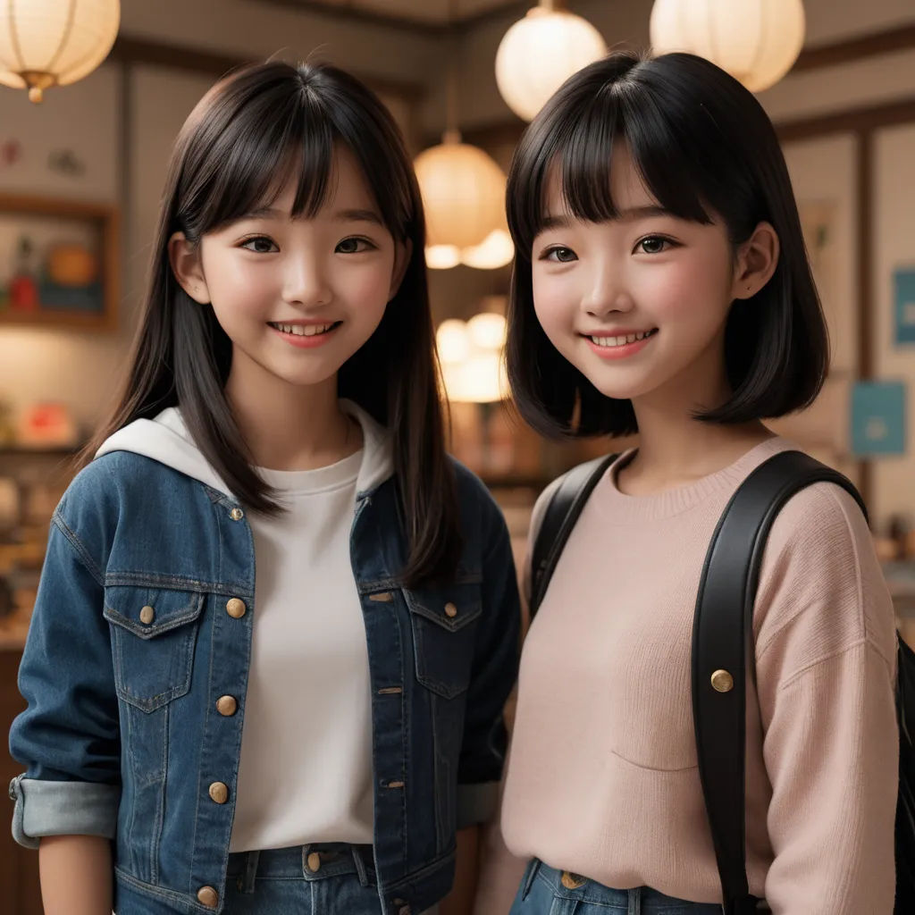 two asian girls standing next to each other in a room with lights on the ceiling and a counter with a counter with a variety of items, les automatistes, a photocopy, Cui Bai, ultra realistic faces