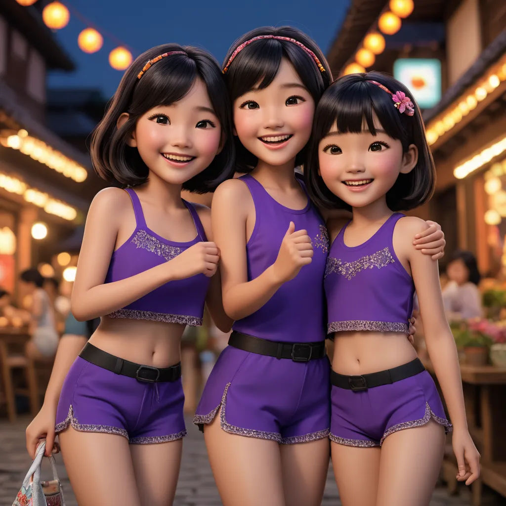 three asian girls in purple outfits posing for a picture together in a shopping mall at night time with lights in the background, photorealism, a 3D render, disney, cgstudio