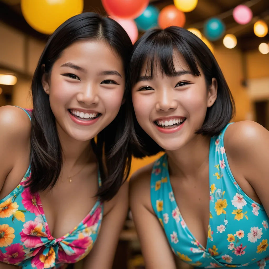 two women are posing for a picture together in front of balloons and balloons in the background, one of them is wearing a blue floral top, dau-al-set, a stock photo, Fan Qi, japanese