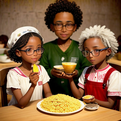 three children are eating corn on a plate and a bowl of soup on a table with a woman and a child
