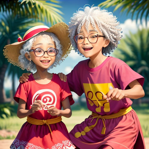 two young girls in matching outfits are posing for a picture together, with palm trees in the background and a blue sky