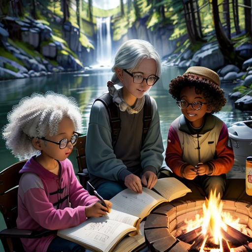 three children sitting around a fire pit with an adult reading a book and a woman reading a book next to them