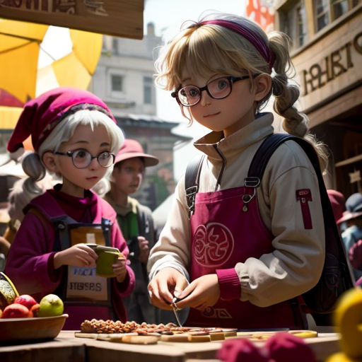a little girl standing next to a table with food on it and a cup of coffee in front of her