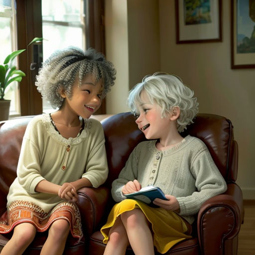two children sitting on a couch with a book in their hands and smiling at each other, with a potted plant in the background