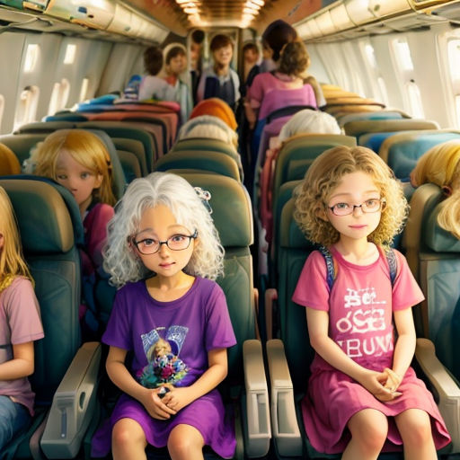 a group of children sitting on a plane with their backs to each other and looking at the camera with their hands behind them