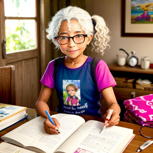 a young girl sitting at a table with an open book and a pencil in her hand and a picture of a child on the book