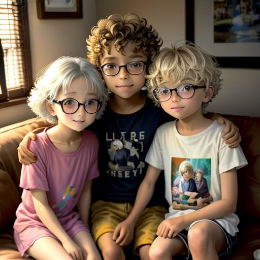 three children sitting on a couch with their arms around each other and their picture on the back of the couch