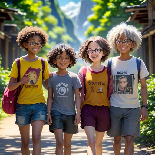 a group of young children standing next to each other on a road with trees and mountains in the background