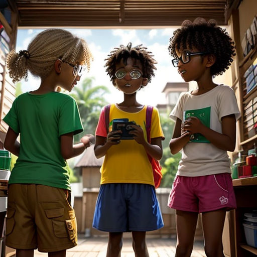 three children standing in a room with books and a camera in their hands and looking at a book on the shelf